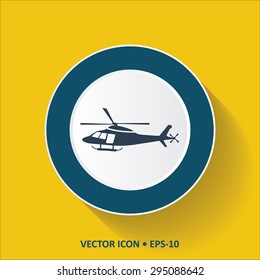 Blue vector Icon of Helicopter on Yellow Color Background with Long Shadow. Eps.10.