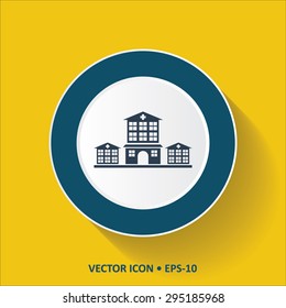 Blue vector Icon of Hospital on Yellow Color Background with Long Shadow. Eps.10.