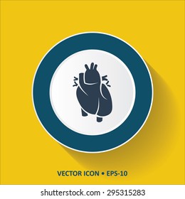 Blue vector Icon of Human Heart on Yellow Color Background with Long Shadow. Eps.10.