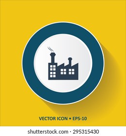 Blue vector Icon of Industrial Building on Yellow Color Background with Long Shadow. Eps.10.
