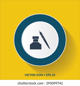 Blue vector Icon of Inkpot on Yellow Color Background with Long Shadow. Eps.10.