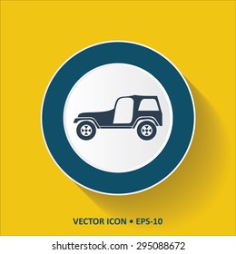 Blue vector Icon of Jeep on Yellow Color Background with Long Shadow. Eps.10.