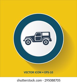 Blue vector Icon of Jeep on Yellow Color Background with Long Shadow. Eps.10.