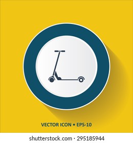 Blue vector Icon of Kids Scooter on Yellow Color Background with Long Shadow. Eps.10.