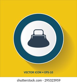 Blue vector Icon of Ladies Purse/Hand Bag on Yellow Color Background with Long Shadow. Eps.10