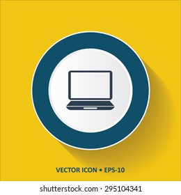 Blue vector Icon of Laptop on Yellow Color Background with Long Shadow. Eps.10.