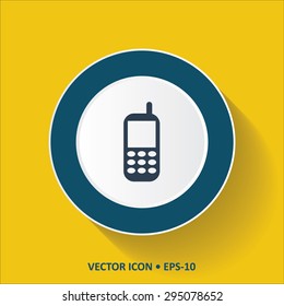 Blue vector Icon of Mobile Phone on Yellow Color Background with Long Shadow. Eps.10.