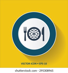 Blue vector Icon of Pizza on Yellow Color Background with Long Shadow. Eps.10.