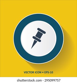 Blue vector Icon of Push Pin on Yellow Color Background with Long Shadow. Eps.10.