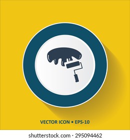 Blue vector Icon of Roller Paint Brush on Yellow Color Background with Long Shadow. Eps.10.