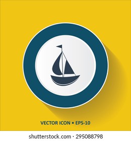 Blue vector Icon of Sail Boat on Yellow Color Background with Long Shadow. Eps.10.