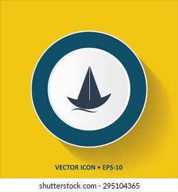 Blue vector Icon of Sail Boat on Yellow Color Background with Long Shadow. Eps.10.