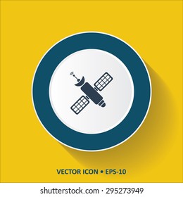 Blue vector Icon of Satellite on Yellow Color Background with Long Shadow. Eps.10.