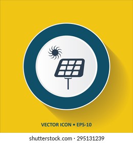 Blue vector Icon of Solar Panel on Yellow Color Background with Long Shadow. Eps.10.
