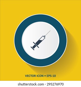 Blue vector Icon of Syringe on Yellow Color Background with Long Shadow. Eps.10.
