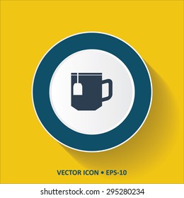 Blue vector Icon of Tea/Coffee Cup on Yellow Color Background with Long Shadow. Eps.10.