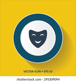 Blue vector Icon of Theater Mask on Yellow Color Background with Long Shadow. Eps.10.