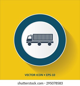 Blue vector Icon of Truck on Yellow Color Background with Long Shadow. Eps.10.