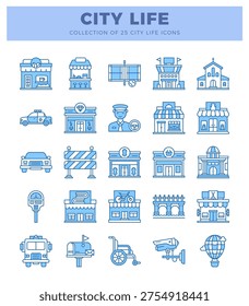 Blue vector icons of city life buildings. vehicles. services. Urban collection.