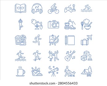 Blue vector icons depicting various hobbies and leisure activities on a white background including music, sports, travel, and creative pursuits in a simple line style design.