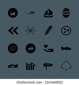 blue vector icons set. with atom, men shoes, easter egg and iron in set