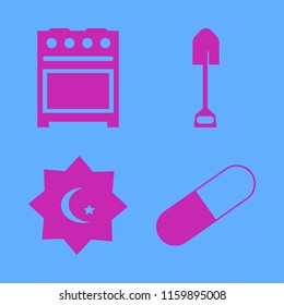 blue vector icons set. with capsule, islam symbol, shovel and gas stove in set