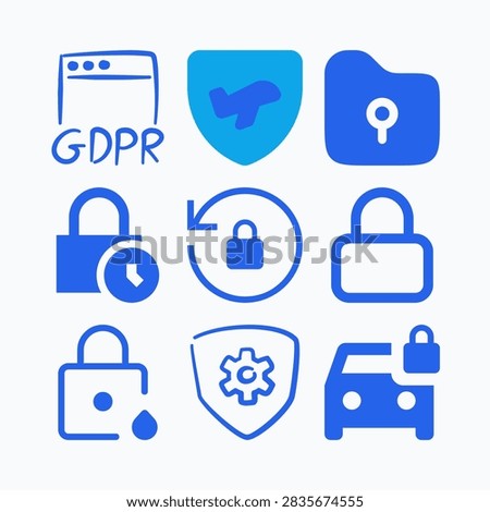 Blue Vector Icons Set for Data Protection and Security Shield, Folder, Lock, Car, GDPR