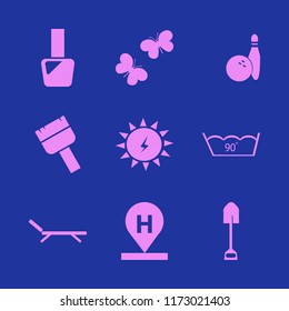 blue vector icons set. with hotel location, delicate gentle degrees, butterflies and shovel in set