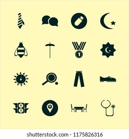 blue vector icons set. with men shoes, medal, flash driver and tie in set