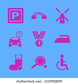 blue vector icons set. with ping pong, disabled sign, iron and parking time in set