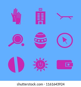 blue vector icons set. with ping pong, purse, easter egg and hotel building in set