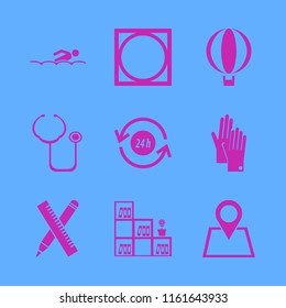blue vector icons set. with recycle hours, swimming, tumble dry and gloves in set