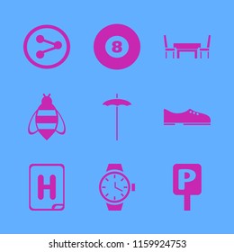 blue vector icons set. with table chairs, beach umbrella, parking sign and men shoes in set
