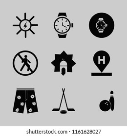 blue vector icons set. with watch, shorts, islamic mosque and hockey in set