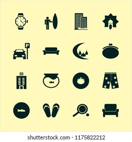 blue vector icons set. with watch, purse, islamic mosque and men shoes in set