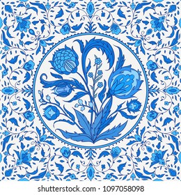 Blue Vector illustration. Arabic, flowers, ornaments leaves. Use for birthday cards, Happy Wedding day, print of a plate and other decorations invitations