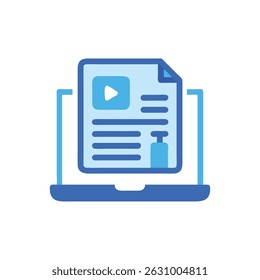 Ilustração vetorial azul de uma página de blog exibida em um laptop. Design limpo, simples e moderno.
