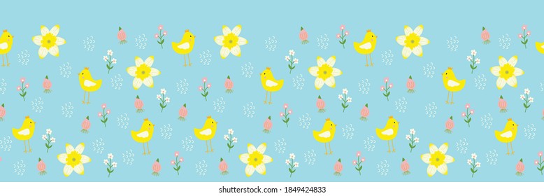 Blue vector illustration. Bright daffodils, flowers, and chicken horizontal seamless pattern border background.