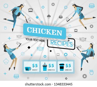 blue vector illustration concept. chicken recipes recipes cover book.  healthy cooking recipes and delicious food cover can be for, magazine, cover, banner, website, cookbook. flat cartoon style
