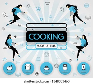 blue vector illustration concept. Cooking book and food cover book.  healthy cooking recipe and delicious food cover can be for, magazine, cover, banner, cookbook, book, mobile UI. flat cartoon style
