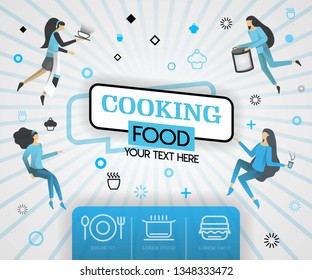 "blue vector illustration concept. cooking food recipes cover book.  healthy cooking recipes and delicious food cover can be for, magazine, cover, banner, website, cookbook, book, mobile. flat cartoon