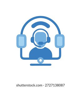 Ilustração vetorial azul de um agente de atendimento ao cliente usando um fone de ouvido, composição centralizada, design plano.