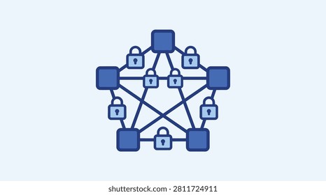 A blue vector illustration of a decentralized pentagonal network where all nodes are interconnected and secured with individual padlock icons.