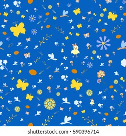 Blue Vector illustration. Easter seamless pattern.Flowers, willow ,Chicks, butterflies. The gift packaging, wrapping, paper 