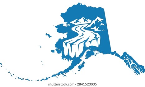 A blue vector illustration featuring the map of Alaska integrated with a glacier and mountain landscape design