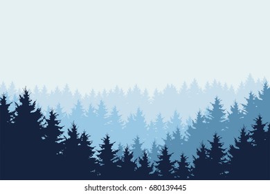 Blue vector illustration of forest in winter under blue sky, layered