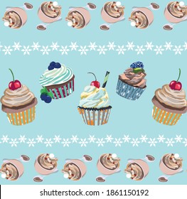 Blue vector illustration with multicoloured muffins and cappuccino