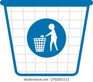 Ilustración vectorial azul de la persona que tira los residuos en la basura, estilo plano simple, fondo de la rejilla