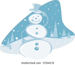 a blue vector illustration of a retro style snowman in a winter landscape with snow