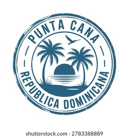 A blue vector illustration of a travel stamp for Punta Cana, Dominican Republic, featuring palm trees, a bird, and a